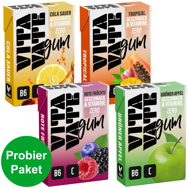 Vitavate Gum 4er Mix je 1x 12 Dragees Rote Früchte, Grüner Apfel, Tropical, Cola Sauer